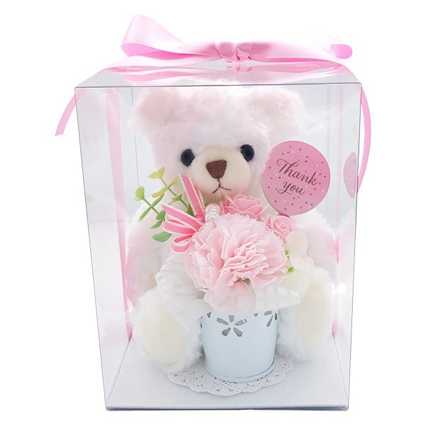 母の日・花器フラワー&ぬいぐるみ（白）セット（クリアケース付